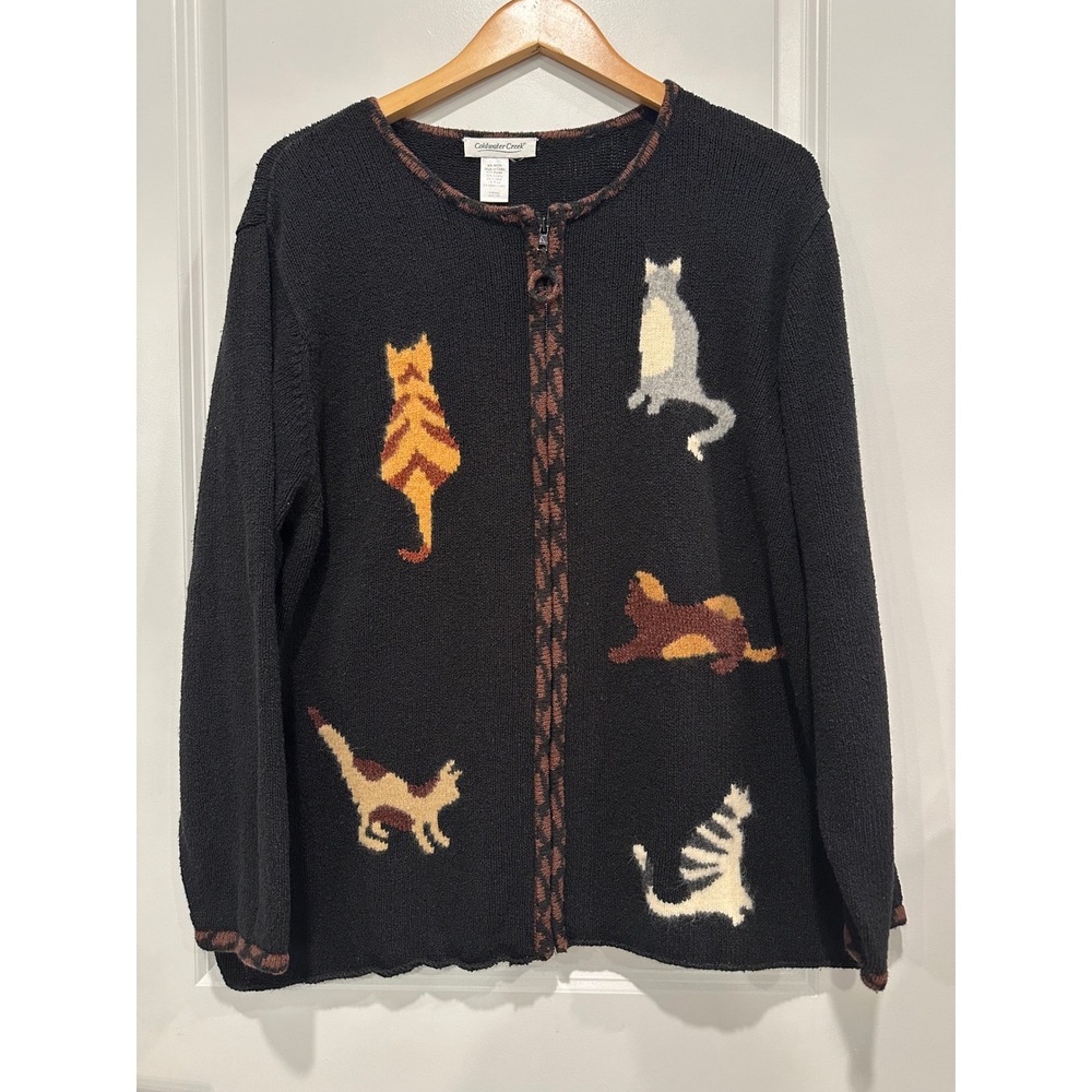 Embroidered Cat Intarsia Knit Zip Front Cardigan Sweater Cat Lady Grannycore